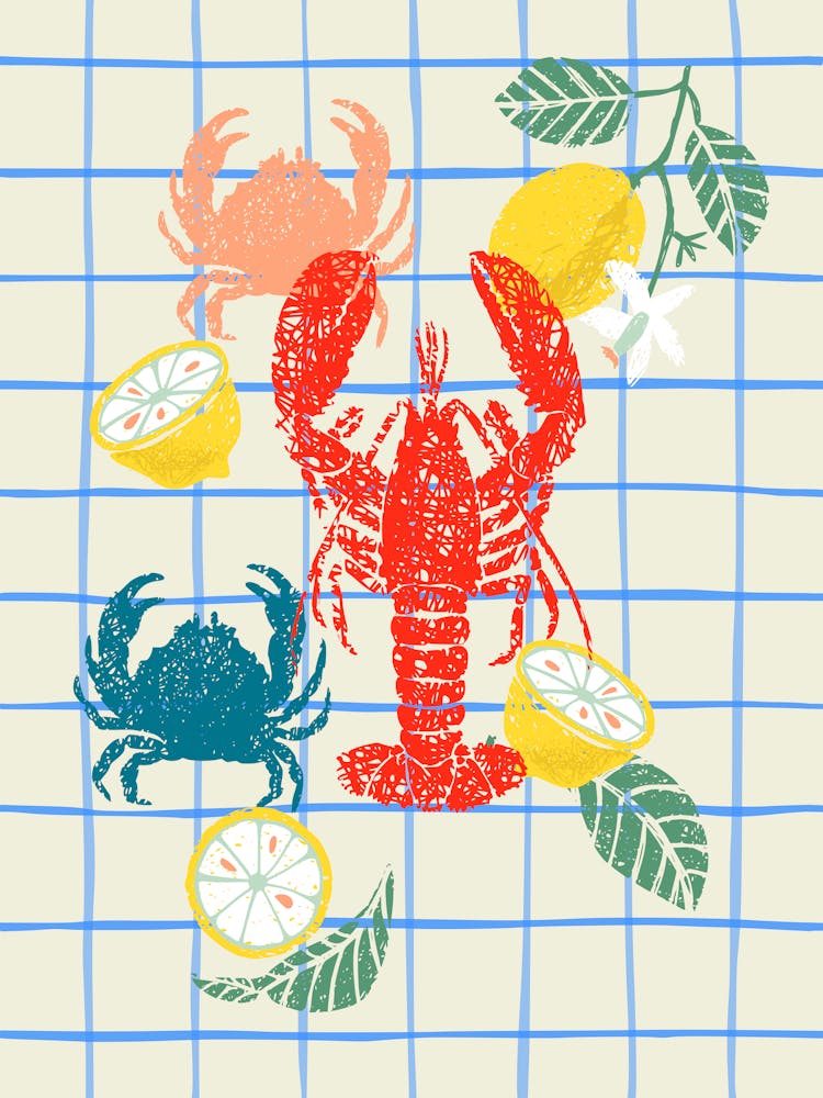 Lobster and lemons linocut checks