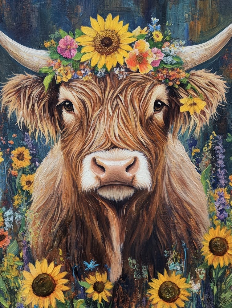 Highland Cow With Sunflowers