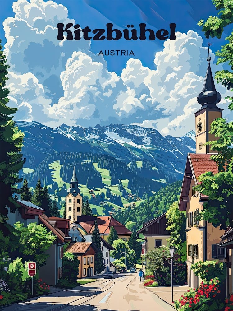 Kitzbuhel Austria Winter Resort Digital Travel Illustration