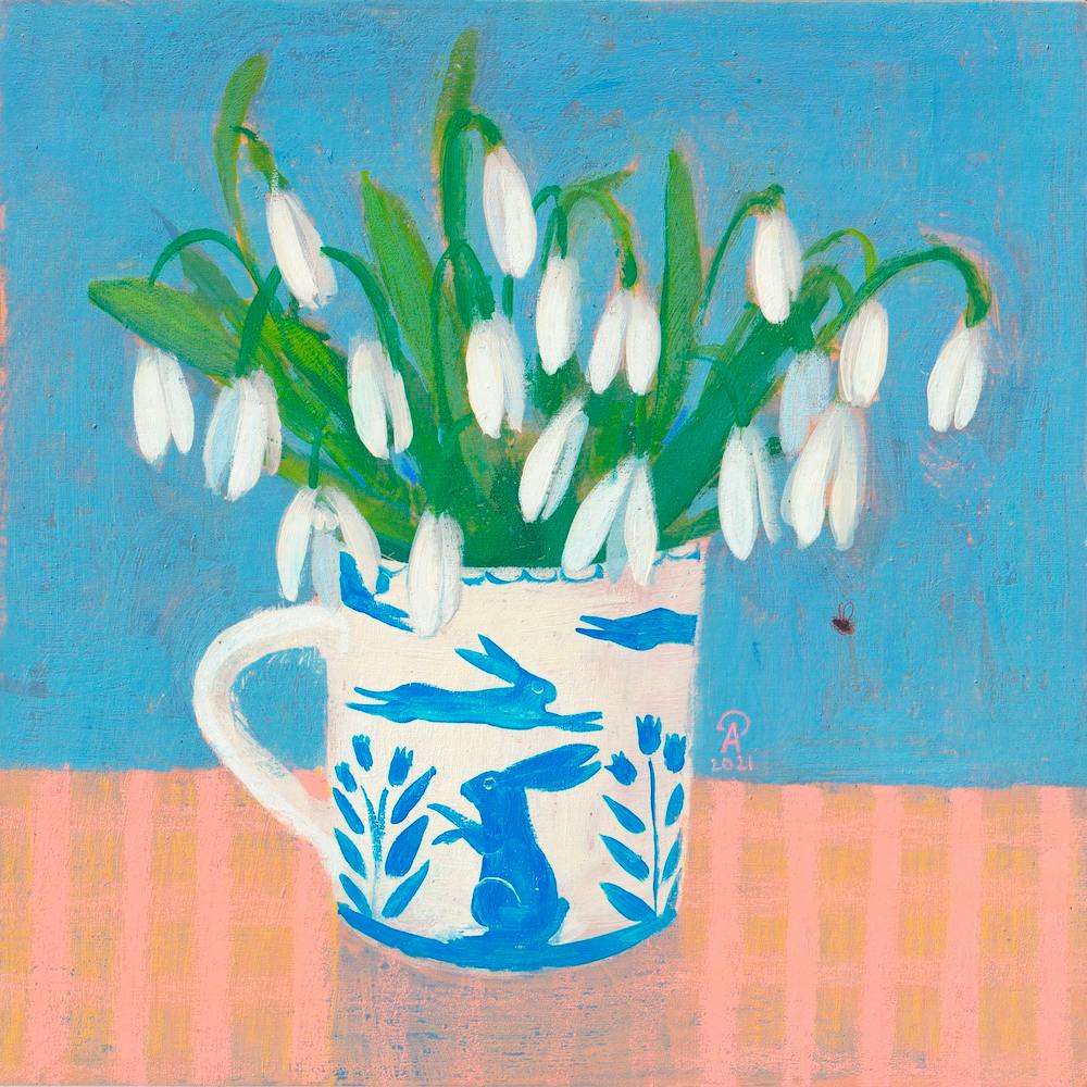 Snowdrops In A Mug With A Running Hare Square