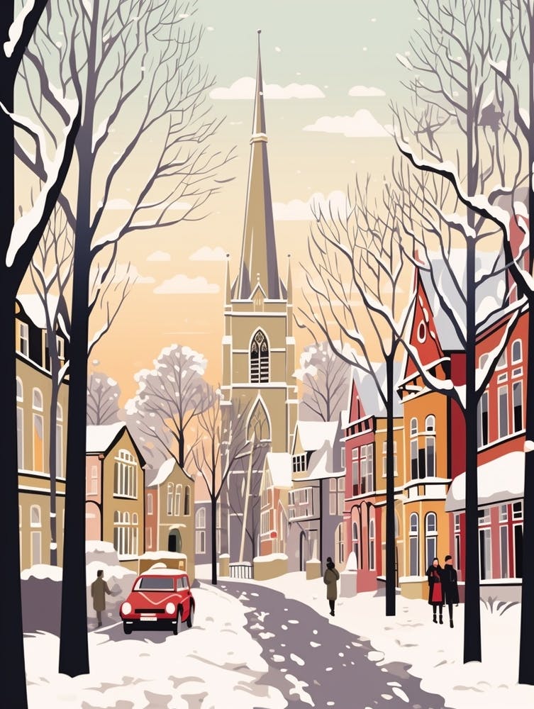 Vintage Winter Travel Illustration Cardiff United Kingdom 3
