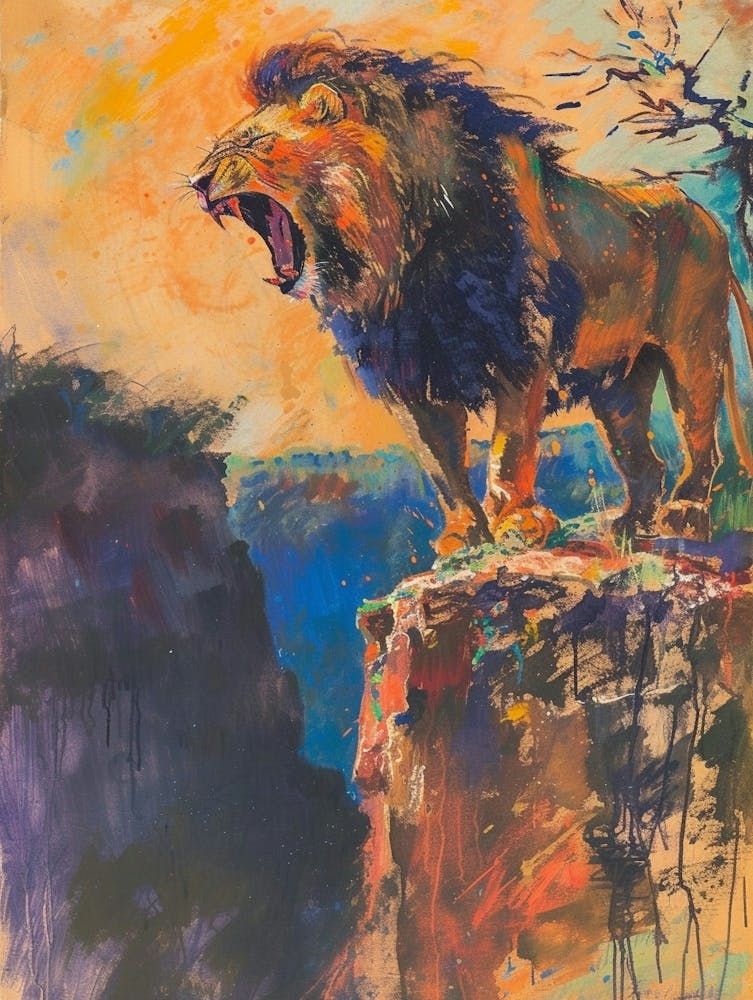 Transvaal Lion Roaring On A Cliff Fauvist Painting 2
