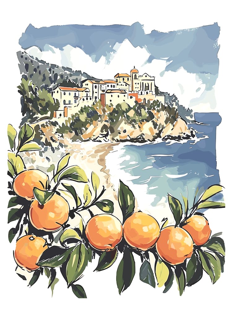Calabria Italy Watercolour With Oranges Frame
