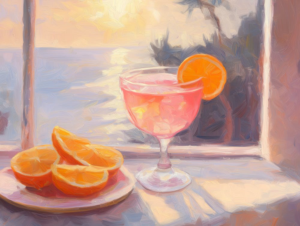Pink Cocktail With An Orange Slice On The Rim Sits