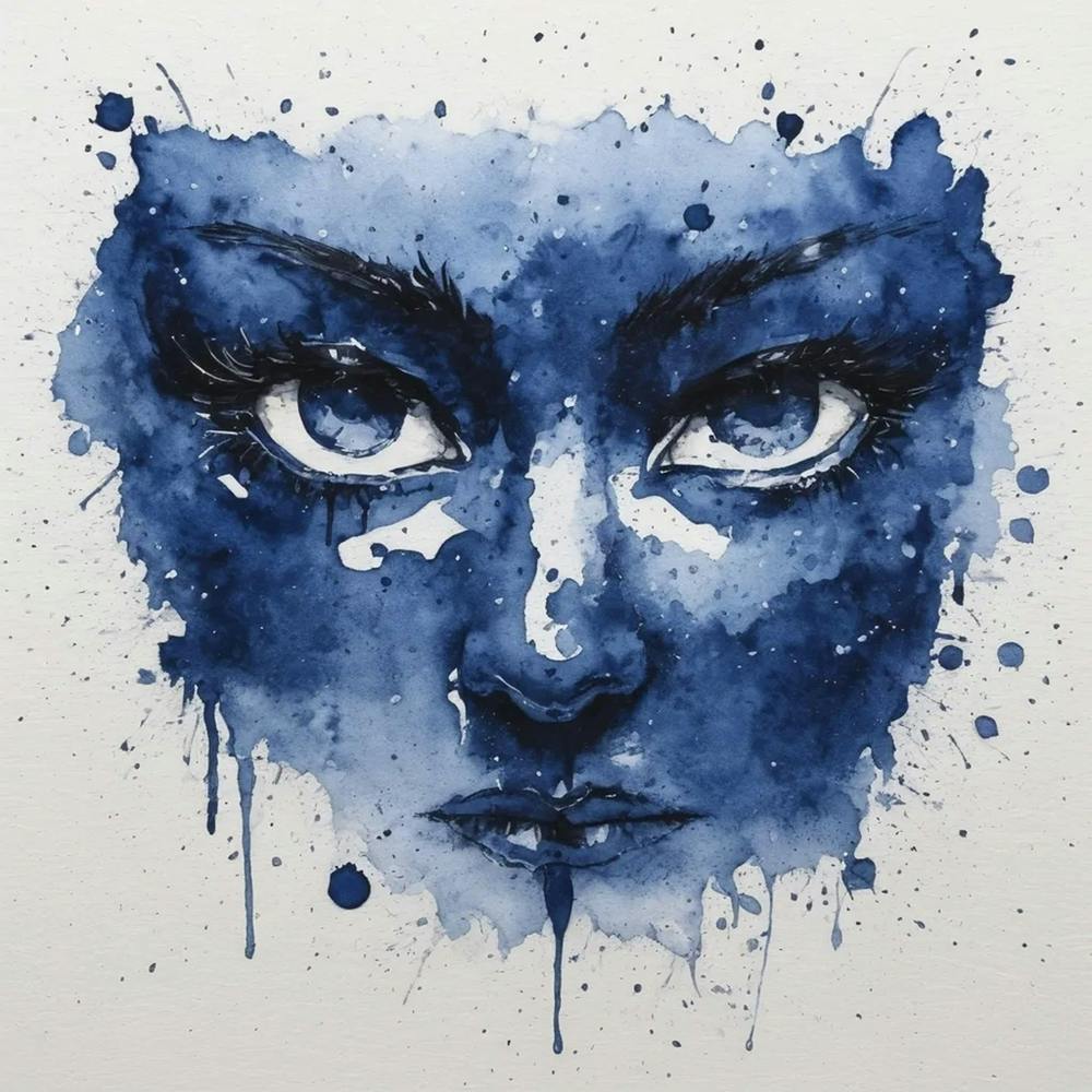 Blue Face, ink, watercolour