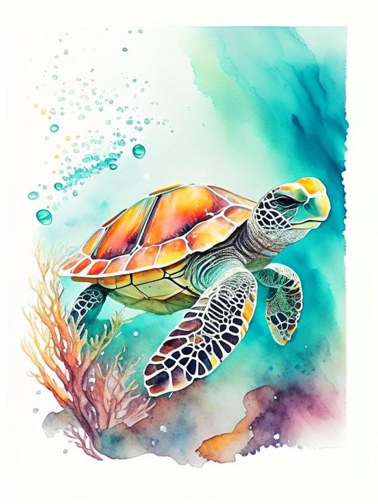 Eine einzelne Meeresschildkröte im Korallenriff, Meeresschildkröten-Aquarell 2