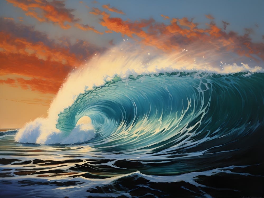 Painting of surfing Wave at Sunset