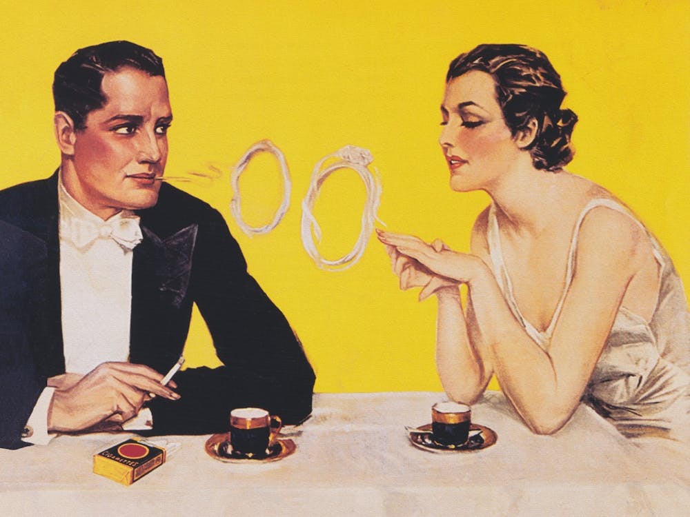 Man And A Woman At Cafe Thinking About Proposal Vintage Poster