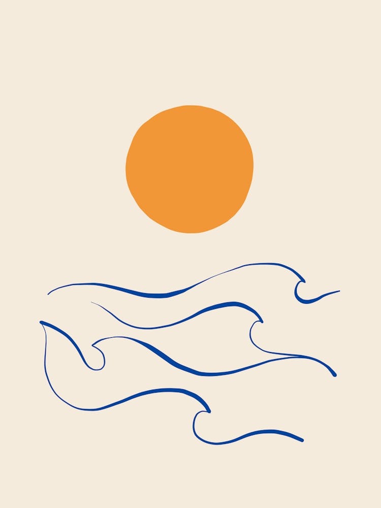 Minimal Abstract Coastal Matisse line-art Sea and Sun on Ivory