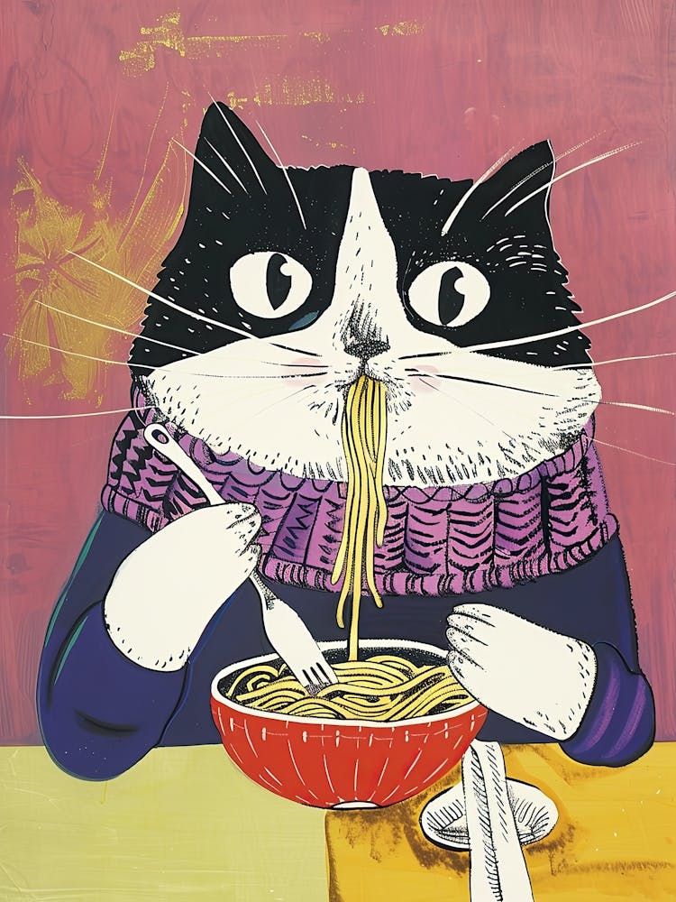 Schwarz-weiße Katze isst Pizza Folk-Illustration 2