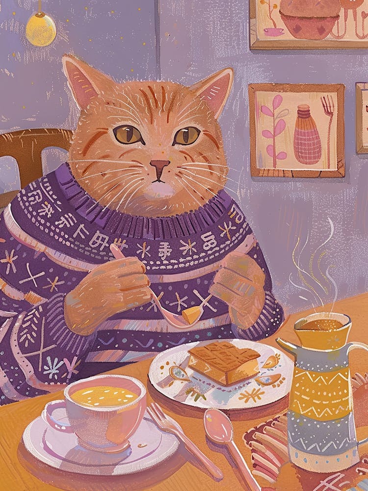 Brown Cat Having Breakfast Folk Illustration 4