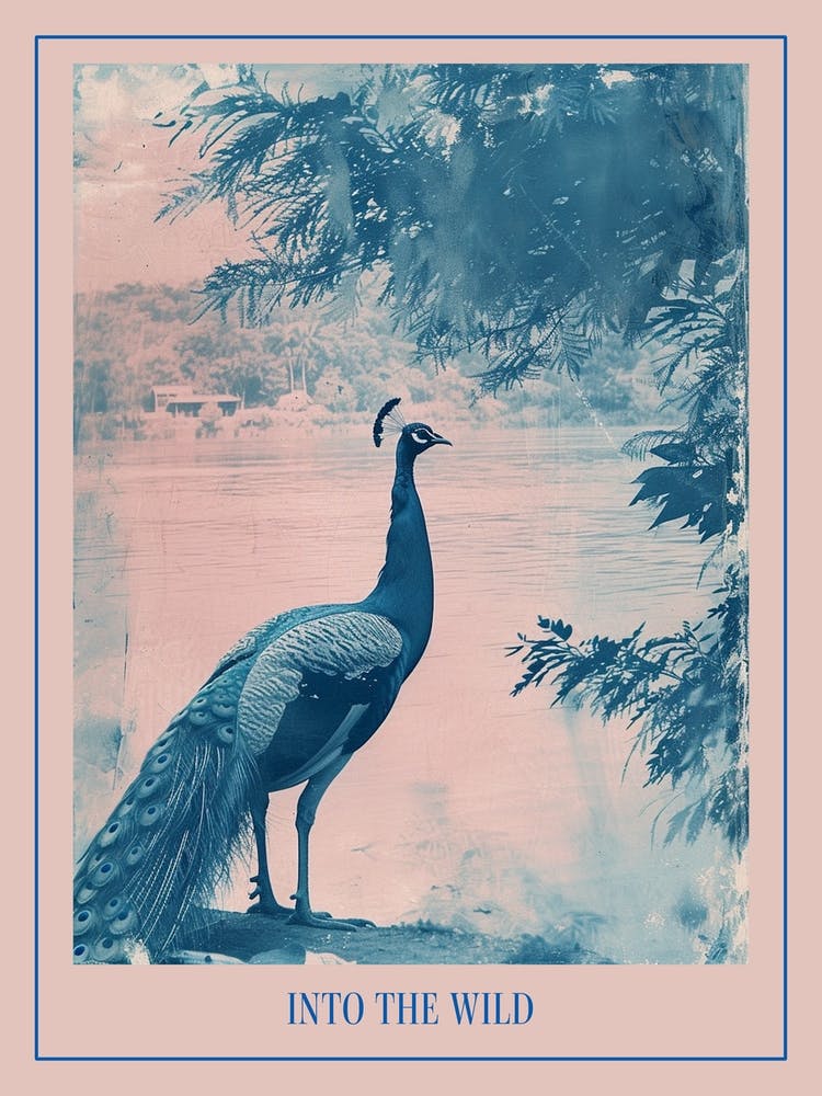 Peacock By The Water Cyanotype Inspired Poster