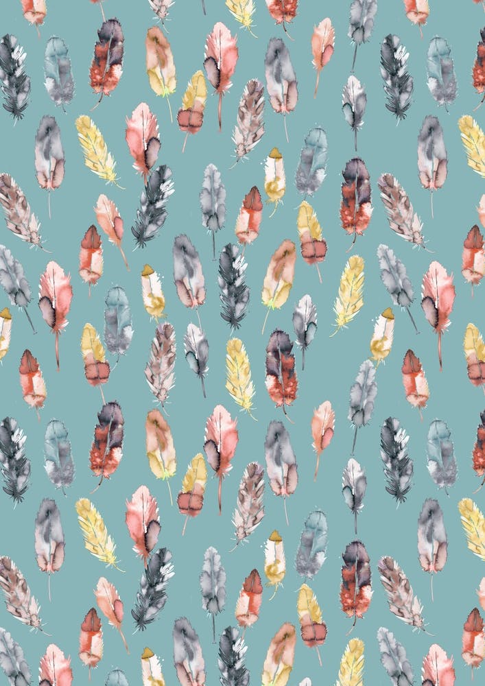 Watercolor Boho Feathers Yellow Soft Teal