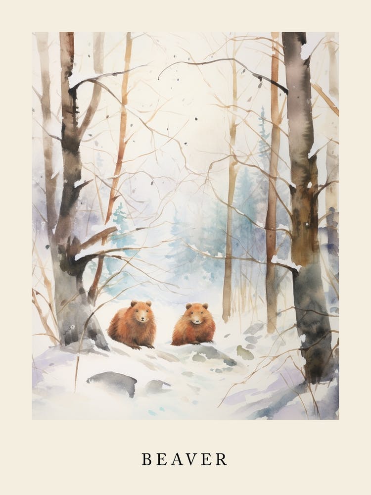 Winter Watercolour Beaver 2 Poster