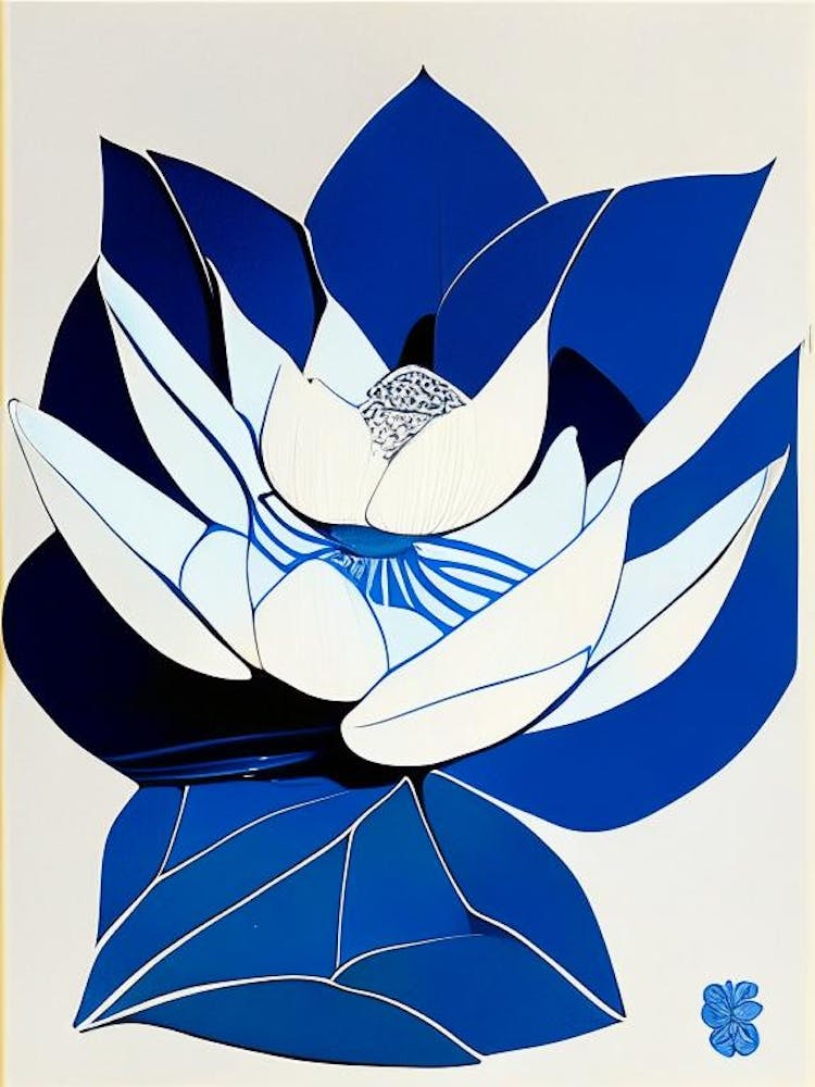 Lotus And Butterfly Symbol Blue And White Line Drawing