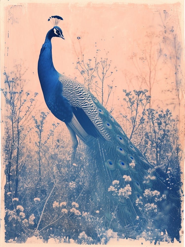 Peacock In The Meadow Cyanotype Inspired 2