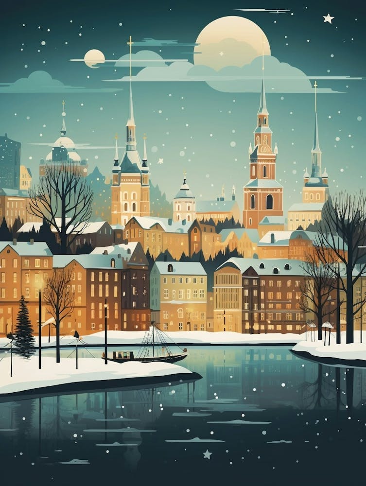 Winter Travel Night Illustration Helsinki Finland 3