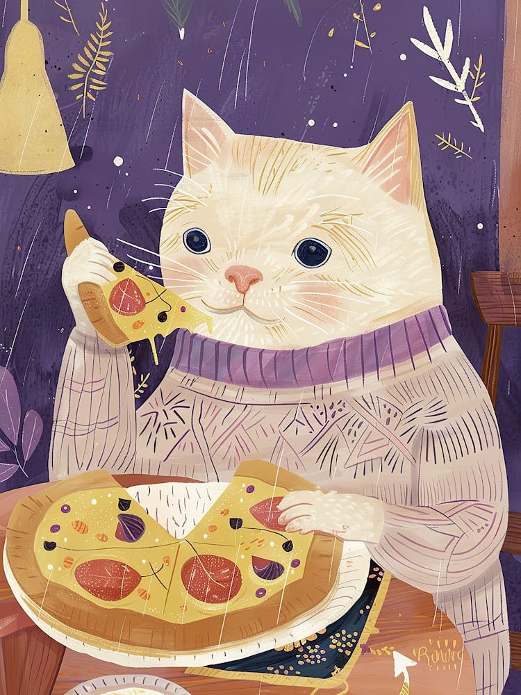 Cat In A Sweater Pizza Lover Folk Illustration 2