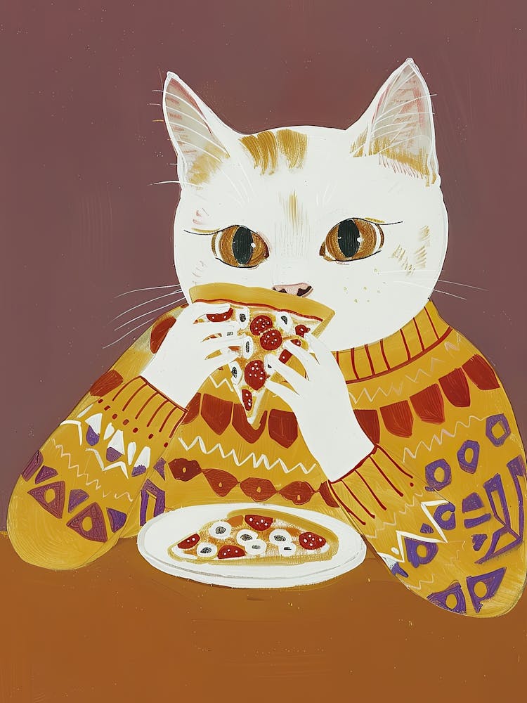 White Cat Pizza Lover Folk Illustration 4