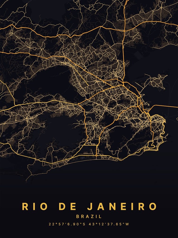 Rio De Janeiro Brazil Black And Gold Map