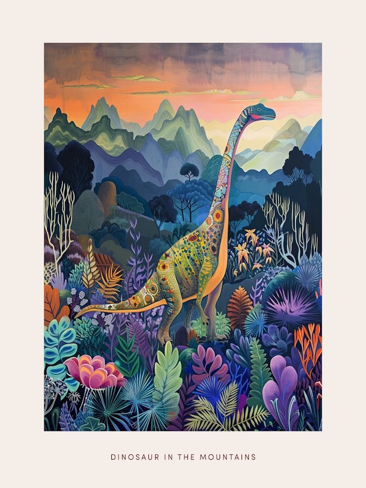 Buntes Dinosaurier-Muster Zeichnung In Den Bergen 1 Poster