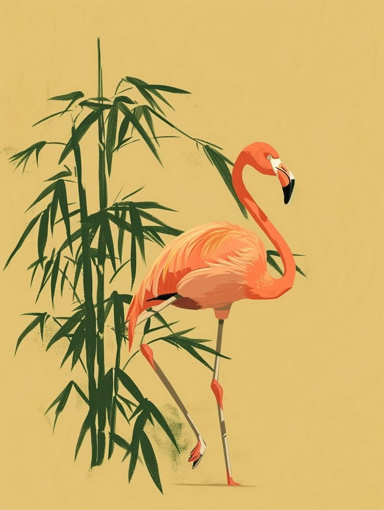 Lesser Flamingo And Bamboo Minimalist Illustration 3