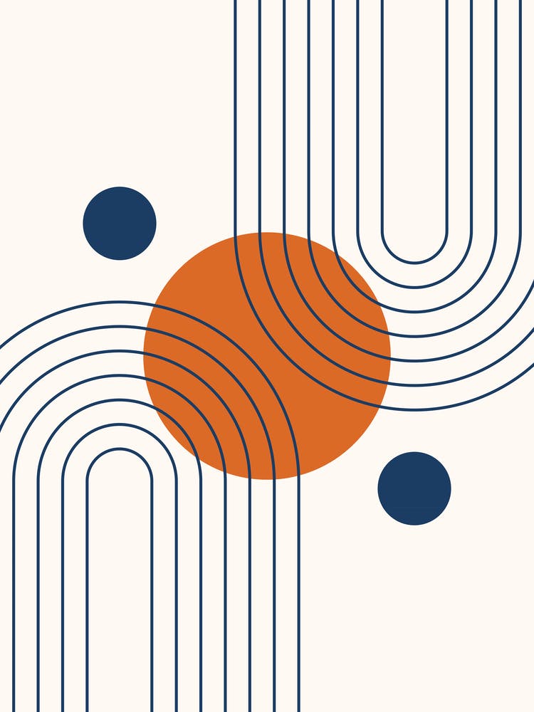 Mid Century Modern Geometric in classy navy blue burnt orange (Rainbow and Sun Abstract Design)