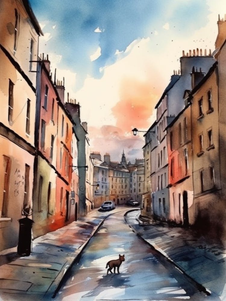 Painting Of Edinburgh Scotland With A Cat In The Style Of Watercolour 3