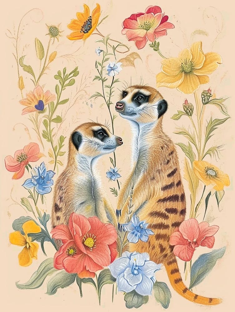 Folksy Floral Animal Drawing Meerkat 3