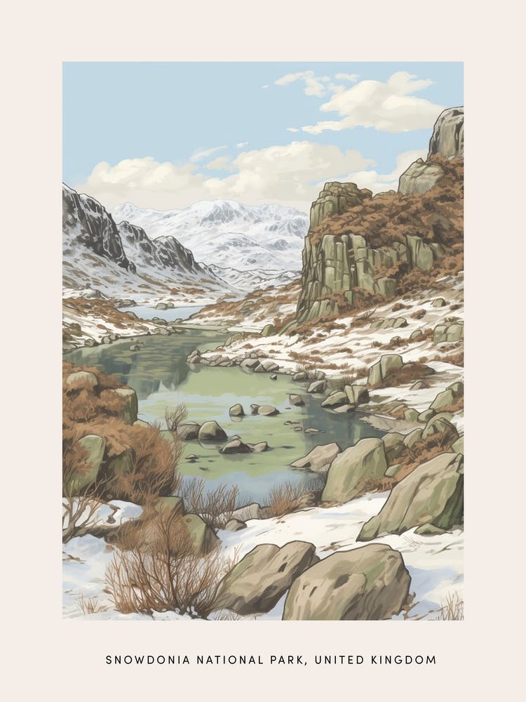 Vintage Winter Poster Snowdonia National Park United Kingdom 1