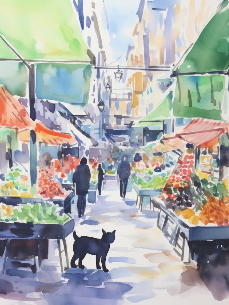 Food Market With Cats In Brooklyn 3 Watercolour