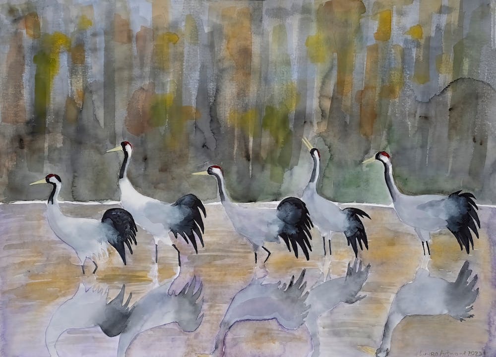 Grey cranes in the autumn forest camouflage