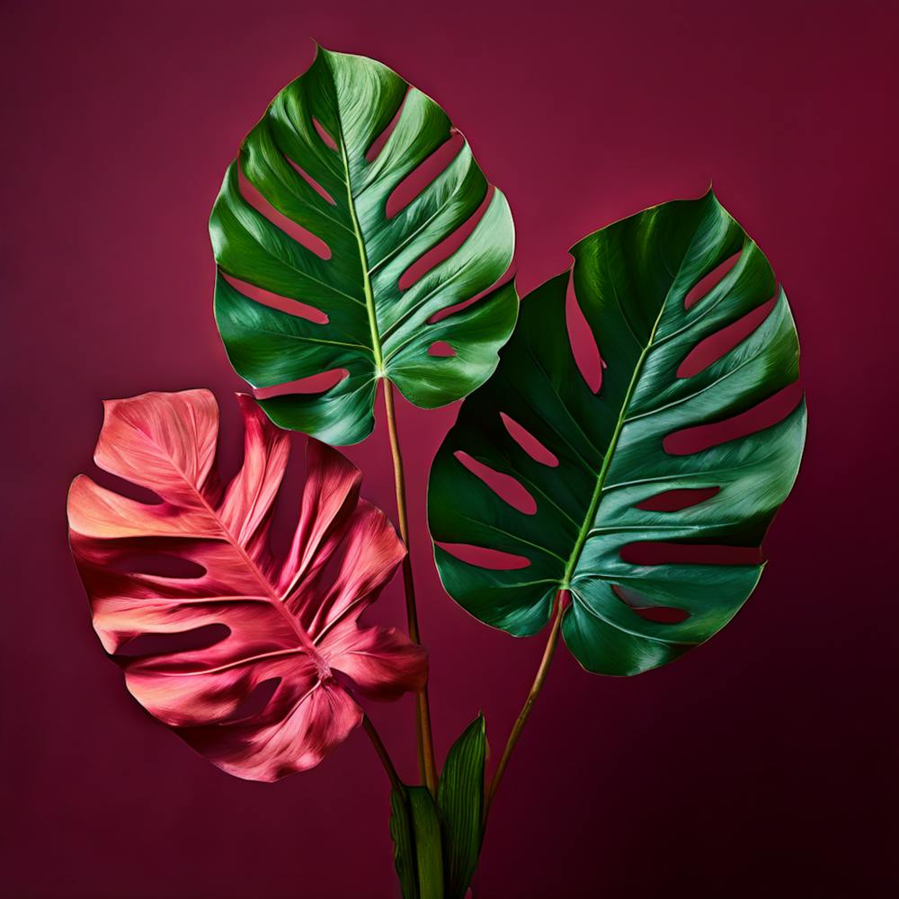 Monstera Leaves On Red Background