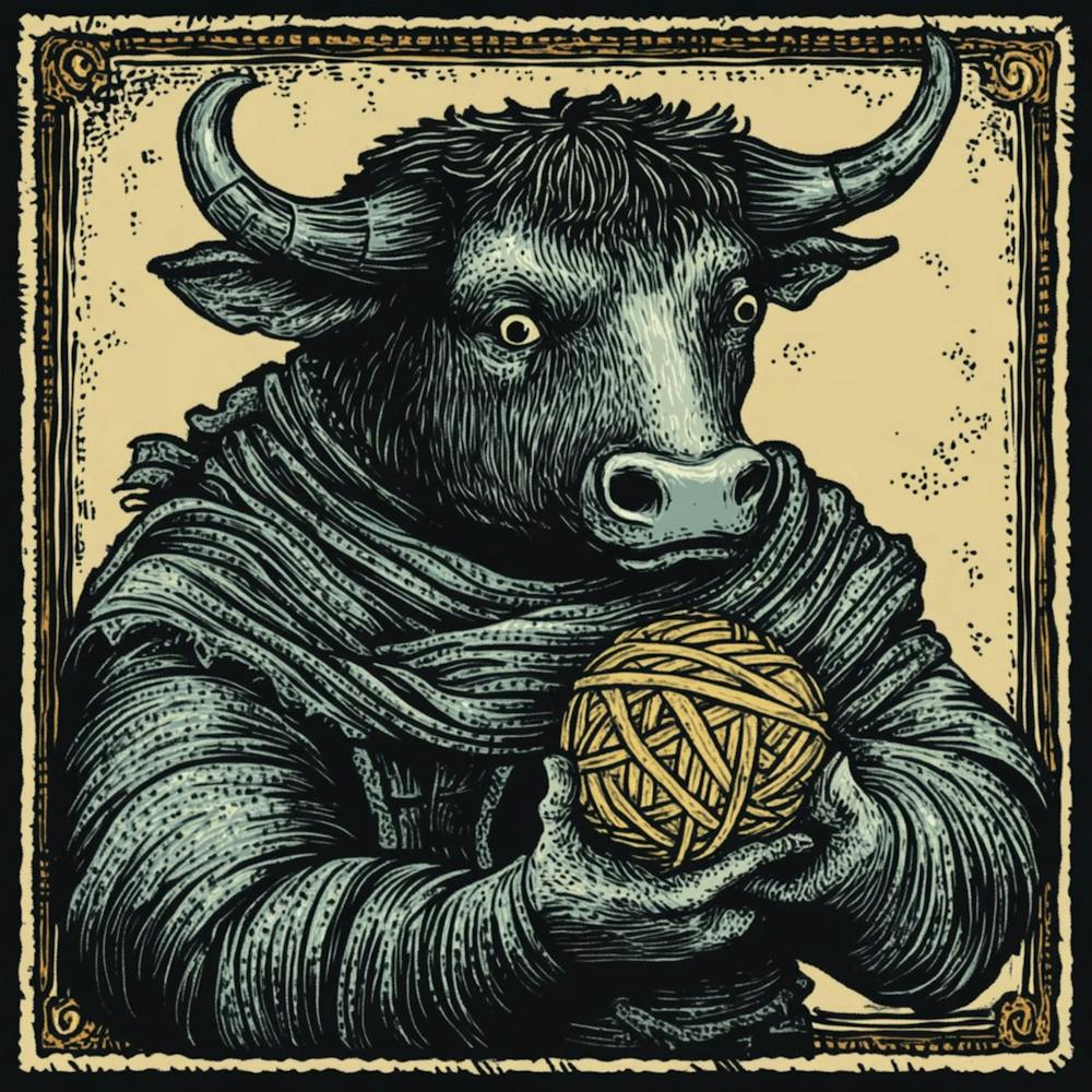 Bull Holding A Ball Of Yarn