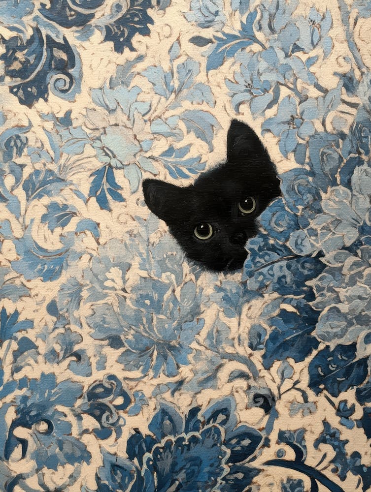 Cat Peeking Out Of Blue Floral