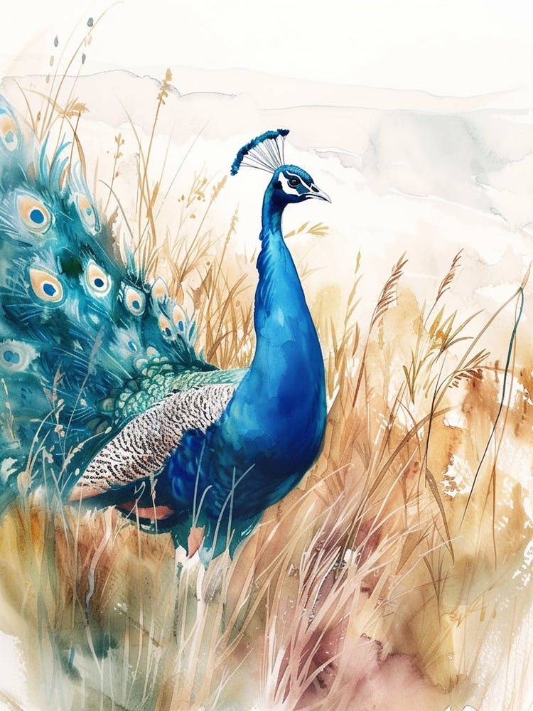 Watercolour Peacock Walking Through The Grass