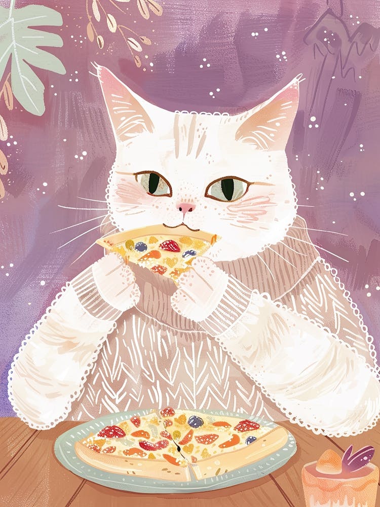 White Cat Pizza Lover Folk Illustration 1