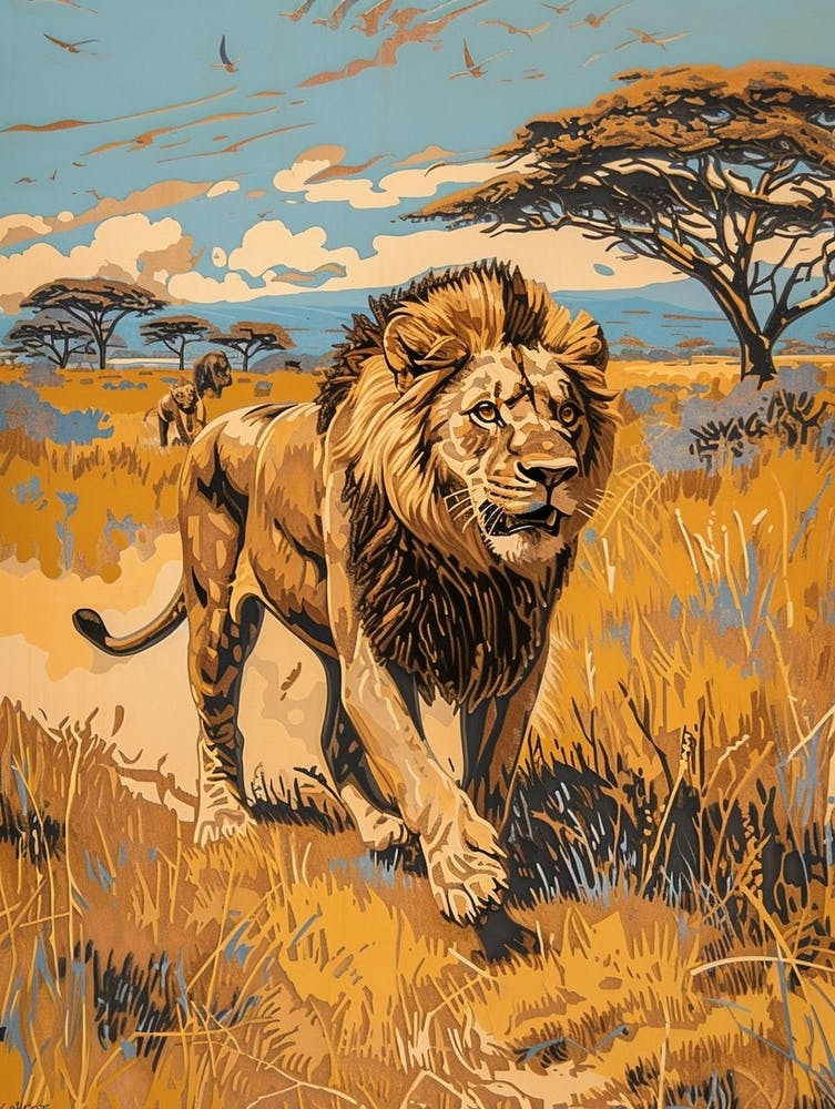 African Lion Relief Illustration Hunting 4