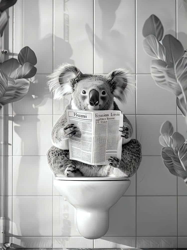 Bathroom Koala On Toilet Print, Funny Poster Bathroom Wall Art Toilet Poster Toilet Wall Art Black And White Koala Poster Bathroom Wall Art