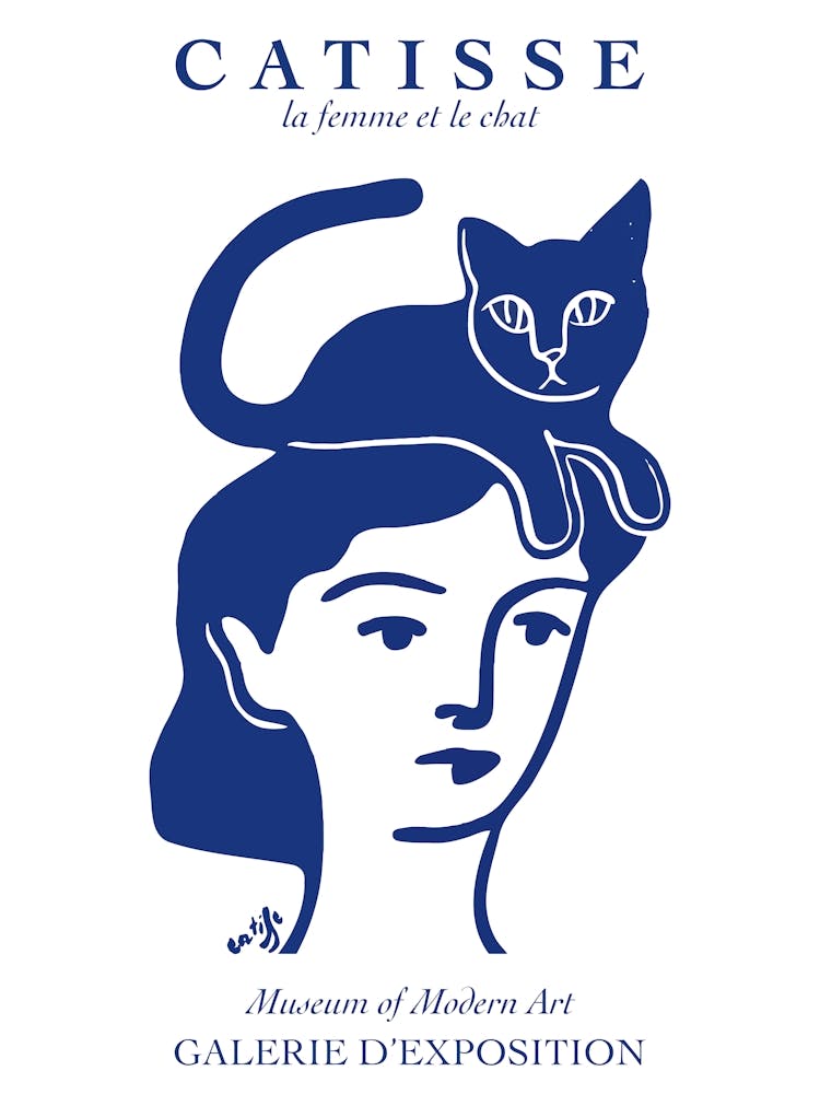 Matisse Catisse Woman With Cat Blue Fun Blue Line Art Face