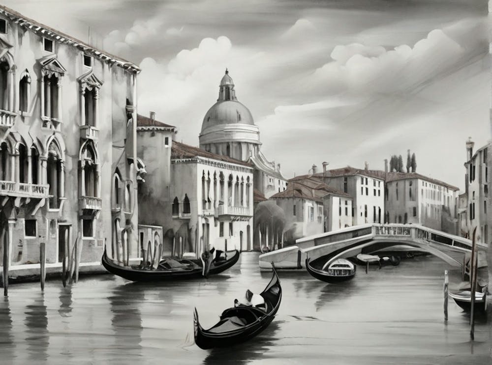View of  Gran Canal in Venice, Italy. AI generated in black and white.