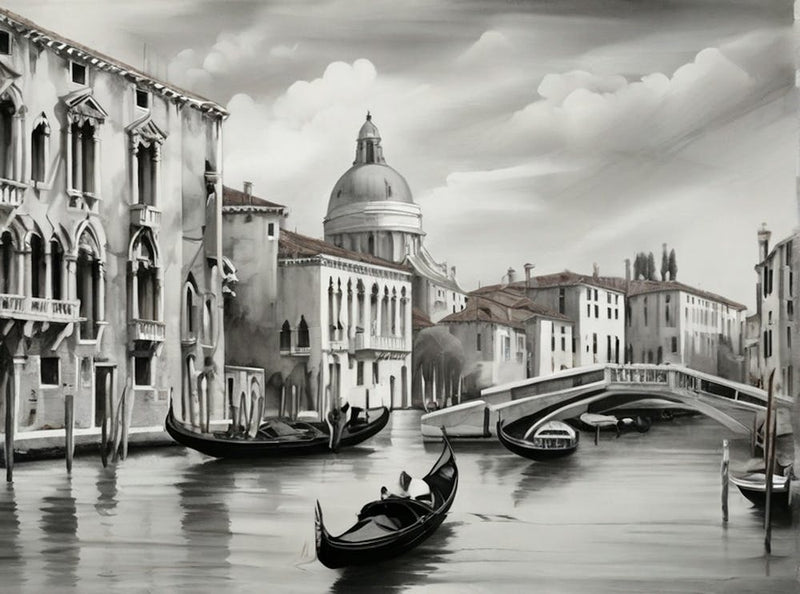 View of  Gran Canal in Venice, Italy. AI generated in black and white.