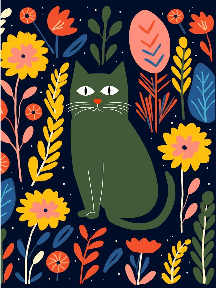 Boho Cat With Flowers Matisse Inspired