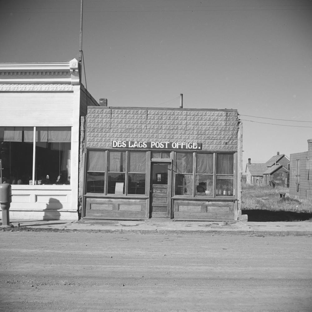 Post Office, Des Lacs, North Dakota By Russell Lee