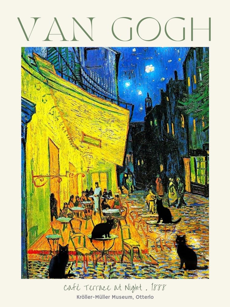 Café Cats Party on the Terrace at Night Funny Cute Museum Poster Print - Vincent Van Gogh Remastered Art With Added Famous Vintage Antique Black Cats in HD