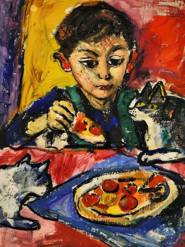 Portrait Of A Boy With Cats Having Pizza 1