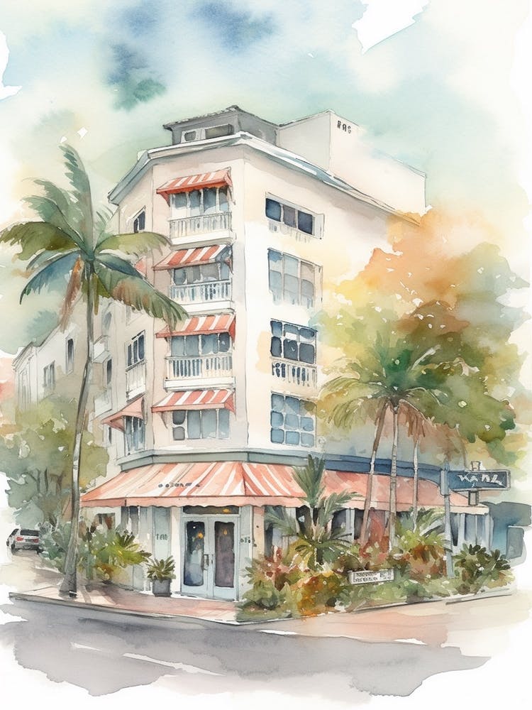 South Beach Miami Neighborhood, Watercolour 4