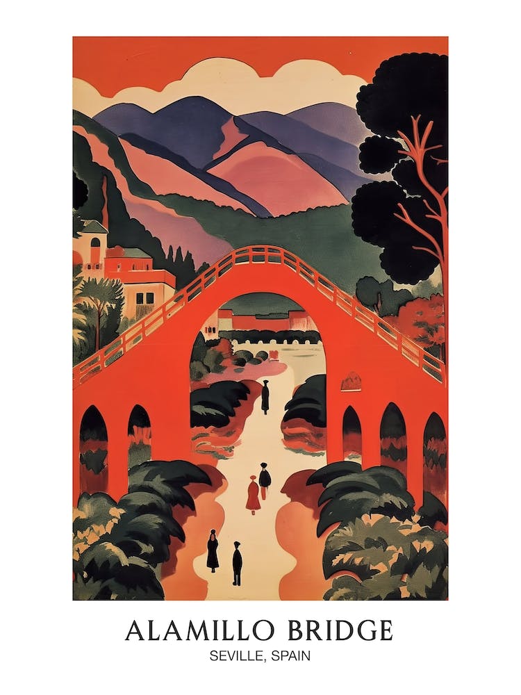 Pont de l'Alamillo, Séville, Espagne - Affiche de voyage colorée 1