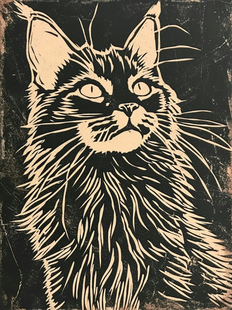 Maine Coon Linocut Blockprint 3