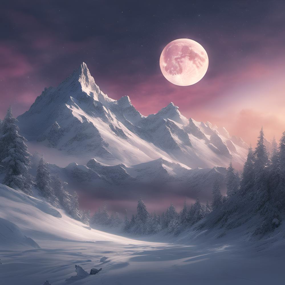 Full Moon Over Snowy Mountains